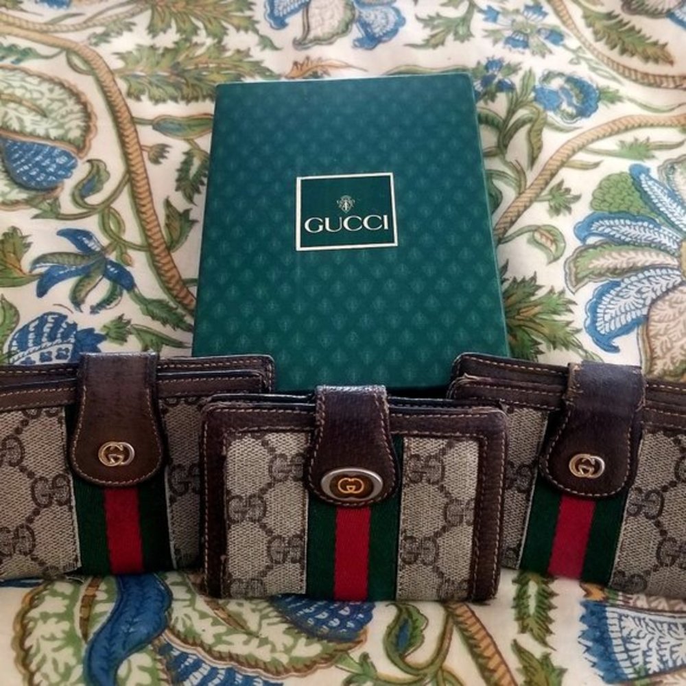 3 Vintage Authentic Gucci Brown Leather *Red & Green Striped* Card Holder Wallet